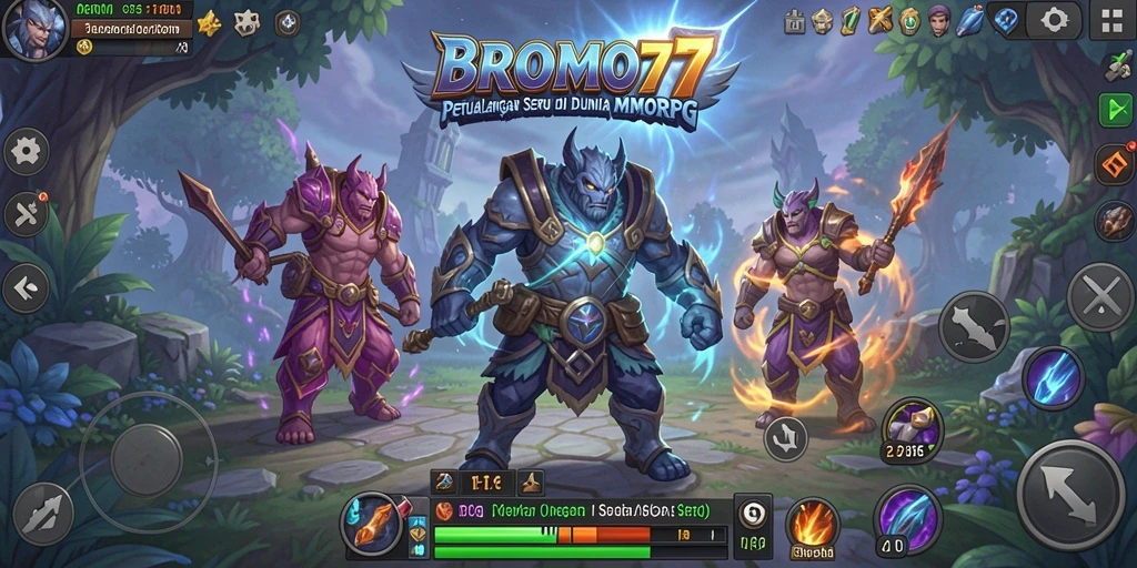 Tampilan gameplay BROMO77 yang menampilkan pertarungan epik dalam dunia MMORPG.