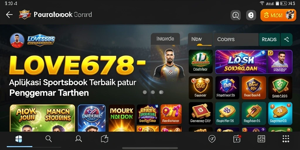 Screenshot utama LOVE678 menampilkan tampilan aplikasi Sportsbook yang menarik.