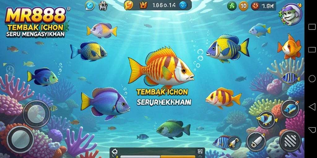 Screenshot gameplay MR888 menunjukkan keseruan menembak ikan.