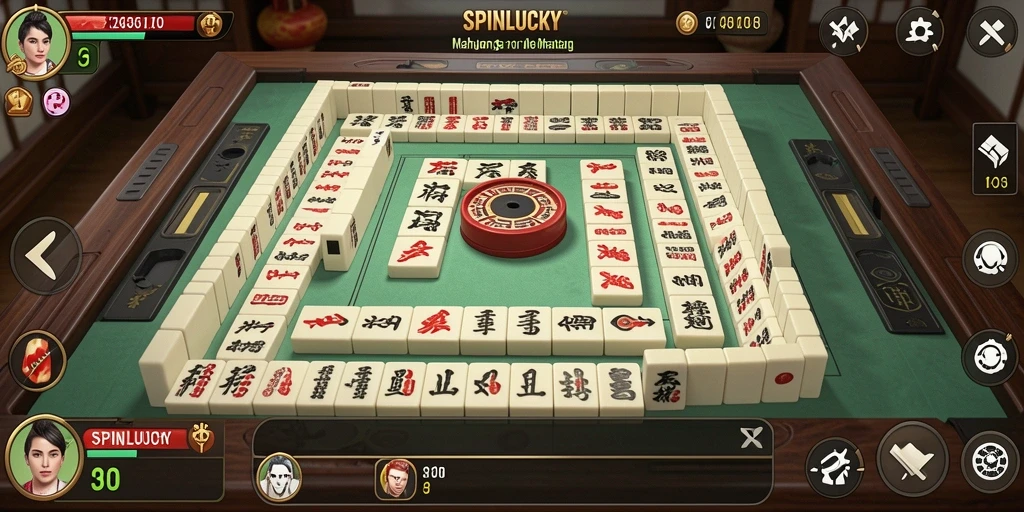 Tampilan gameplay SPINLUCKY dengan berbagai ubin Mahjong.