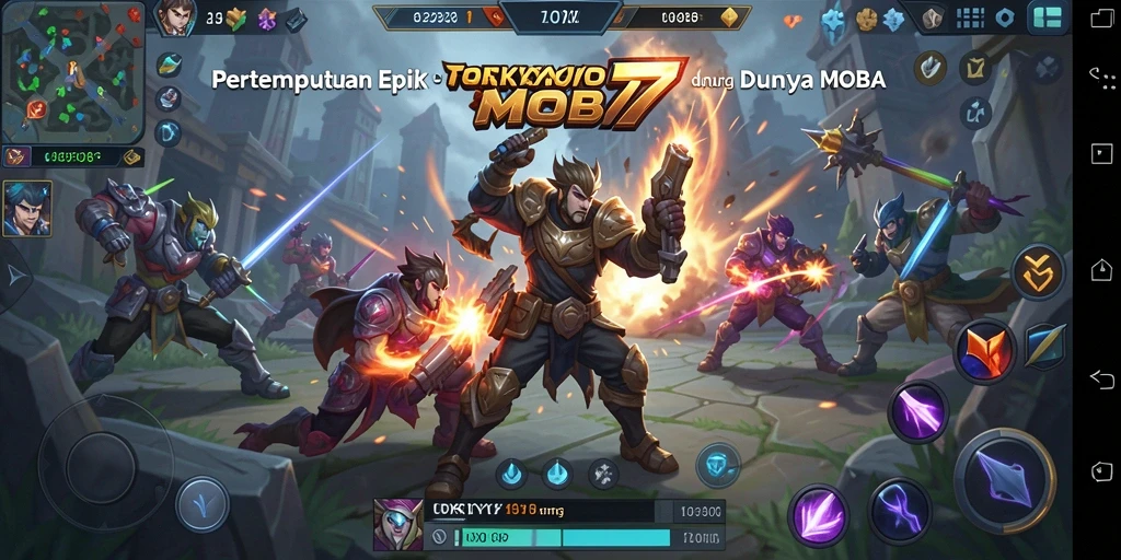 Tangkapan layar gameplay seru di TOKYO77 dengan pertempuran MOBA yang dinamis.